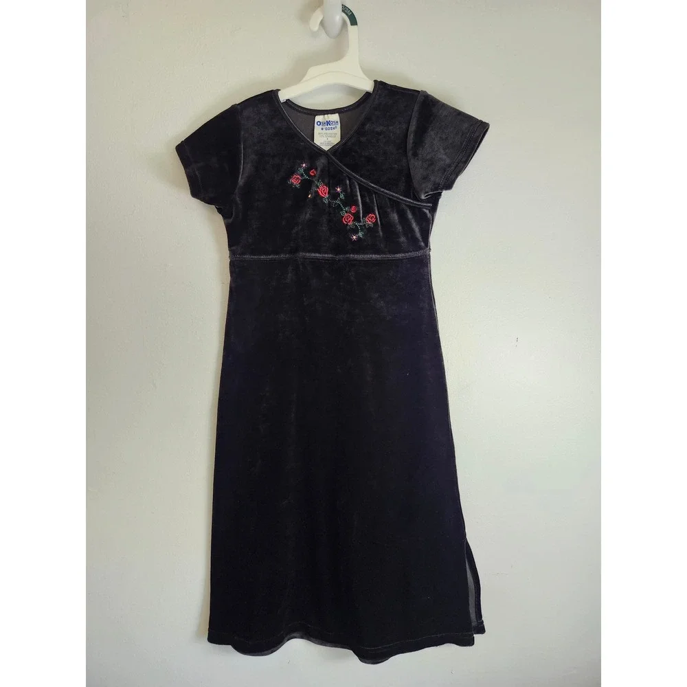 Vintage OshKosh B'Gosh Black Velvet Dress Girls Size 4 Floral Embroidered 90s